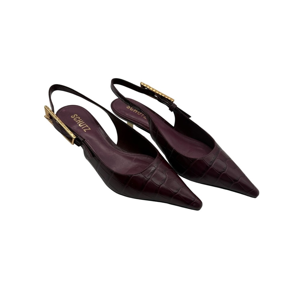SCHUTZ Burgundy Croc-Embossed Pointed Slingback Kitten Heel Pump 6.5
